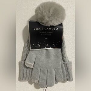 Vince Camuto Faux Fur Beanie & Gloves Set Gray NWT